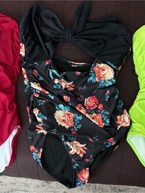 Amazon Girls' Black Floral One-Piece Swimsuit with Bow